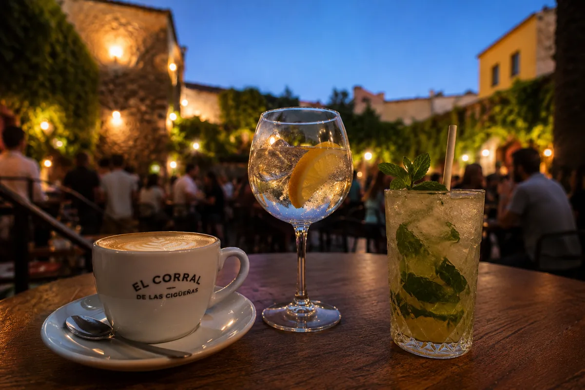 Café con leche, copa de gin-tonic y mojito sobre una mesa del patio de El Corral de las Cigüeñas al anochecer