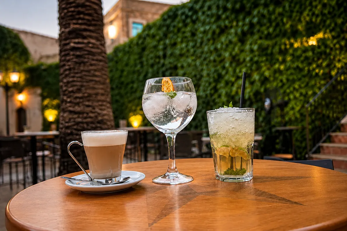 Café con leche, copa de gin-tonic y mojito sobre una mesa del patio de El Corral de las Cigüeñas, con la palmera y el muro de hiedra al fondo