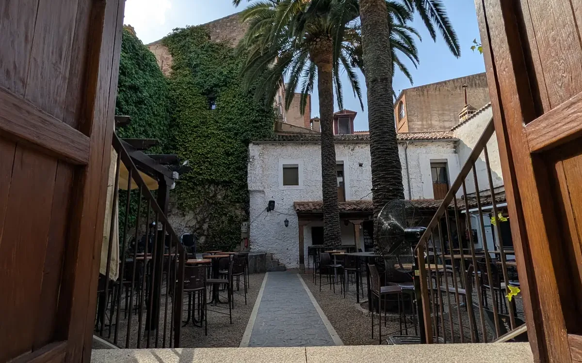 Entrada de arriba de El Corral de las Cigüeñas: portón de madera abierto sobre el patio, con las palmeras y el muro de hiedra