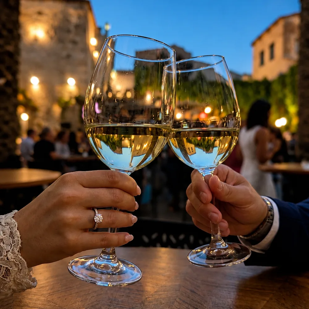 Dos personas brindan con copas de vino blanco en el patio de El Corral, al atardecer y con las guirnaldas encendidas