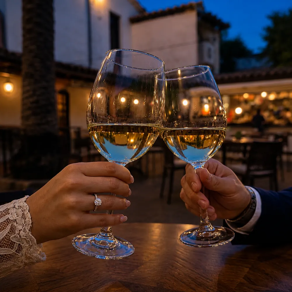 Dos personas brindan con copas de vino blanco en el patio de El Corral, al anochecer y con las luces del patio encendidas