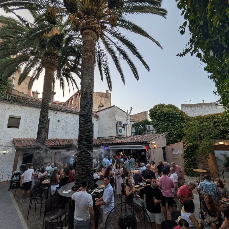 Atardecer en el patio de El Corral de las Cigüeñas, con las palmeras, las mesas altas y la gente de pie
