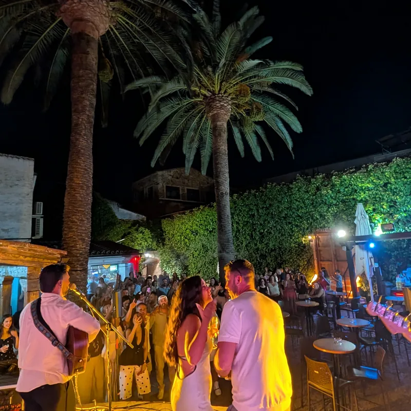 Ambiente nocturno en el patio de El Corral de las Cigüeñas, con las palmeras iluminadas y gente charlando