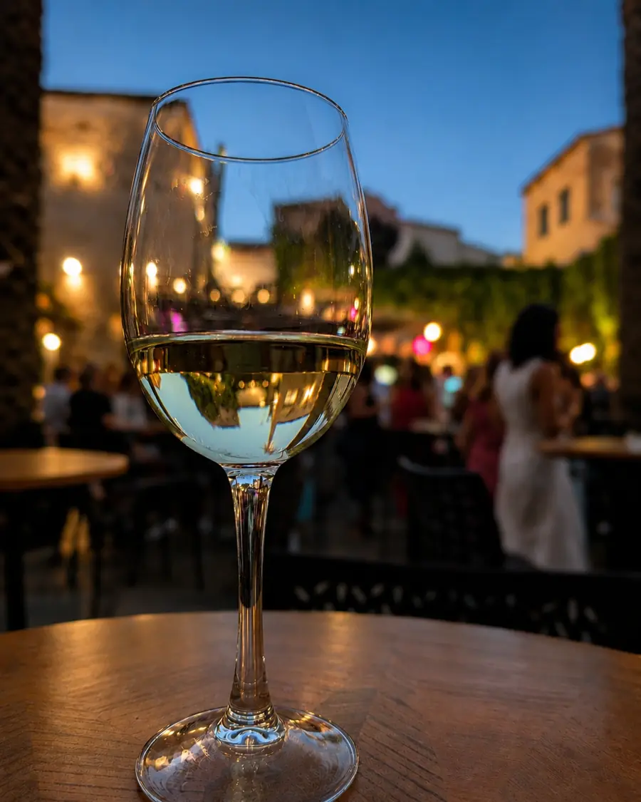 Una copa de vino blanco sobre una mesa del patio, con el ambiente desenfocado al fondo