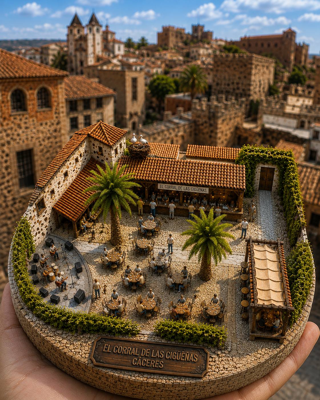 Maqueta en miniatura del patio de El Corral de las Cigüeñas sostenida en una mano, con el casco antiguo de Cáceres al fondo