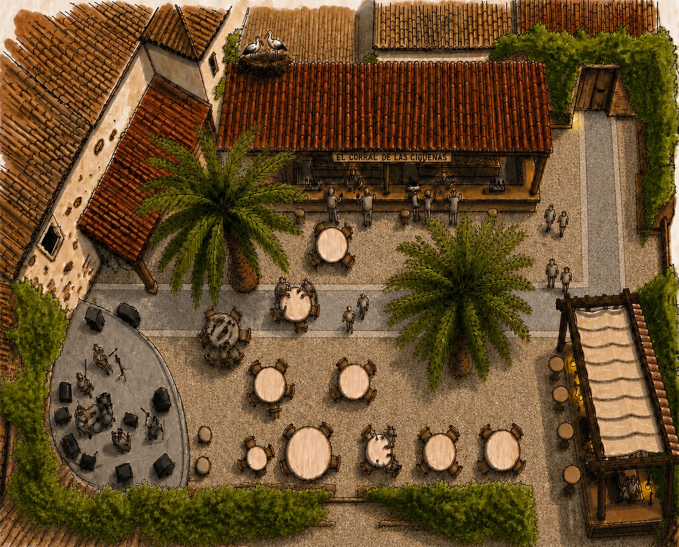 Plano ilustrado del patio de El Corral de las Cigüeñas visto desde arriba, con la barra, el escenario, las dos palmeras y las dos entradas