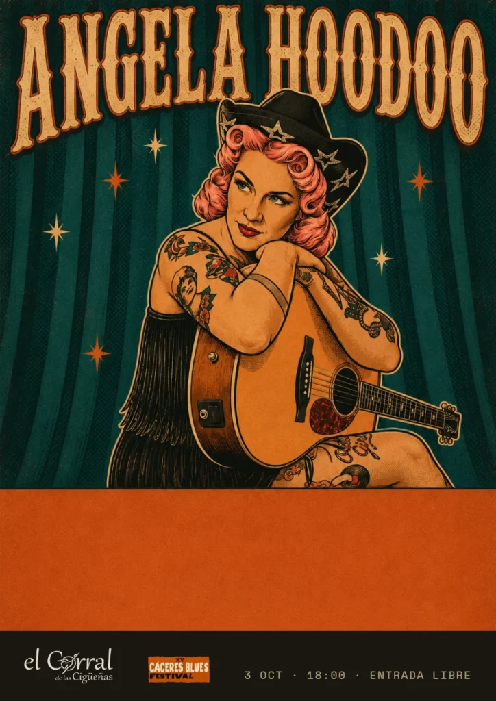 Cartel del concierto de Ángela Hoodoo en El Corral de las Cigüeñas, sábado 3 de octubre a las 18:00