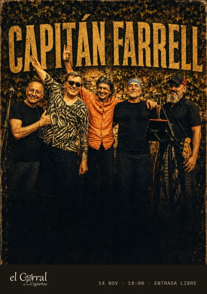 Cartel del concierto de Capitán Farrell en El Corral de las Cigüeñas, sábado 14 de noviembre a las 18:00, entrada libre