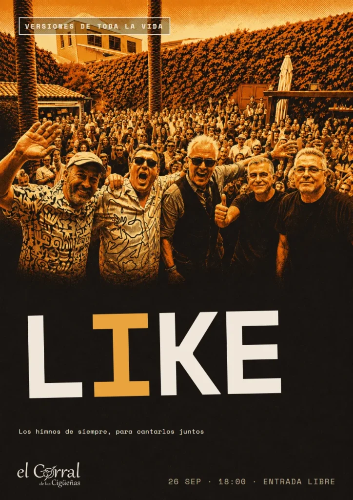Cartel del concierto de Like en El Corral de las Cigüeñas, sábado 26 de septiembre a las 18:00, entrada libre