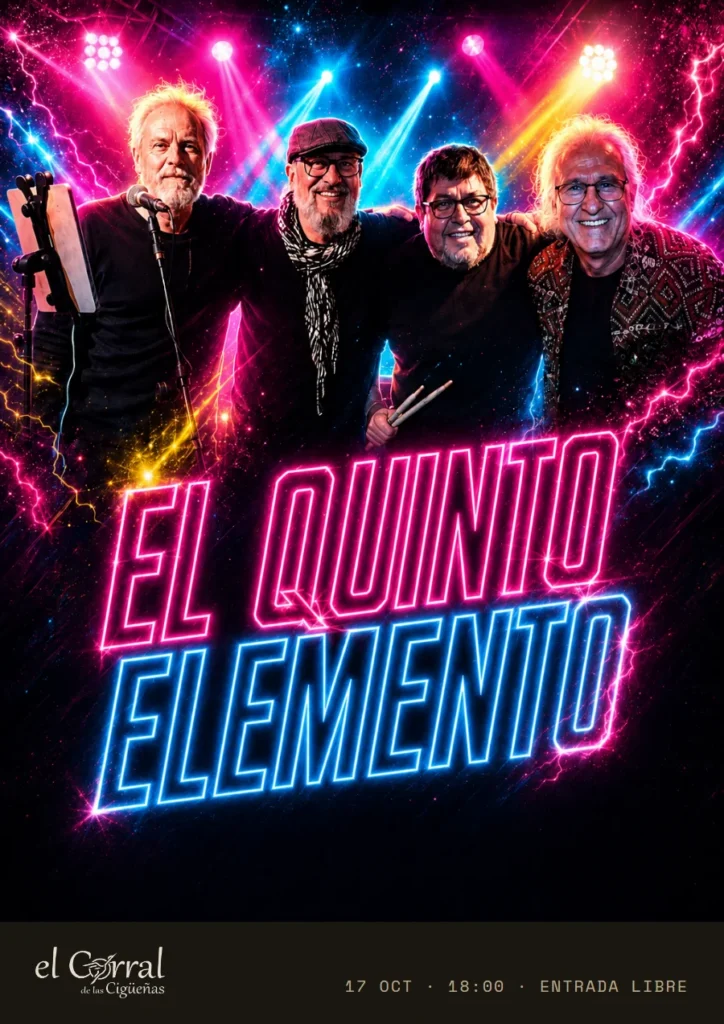 Cartel del concierto de El Quinto Elemento en El Corral de las Cigüeñas, sábado 17 de octubre a las 18:00, entrada libre
