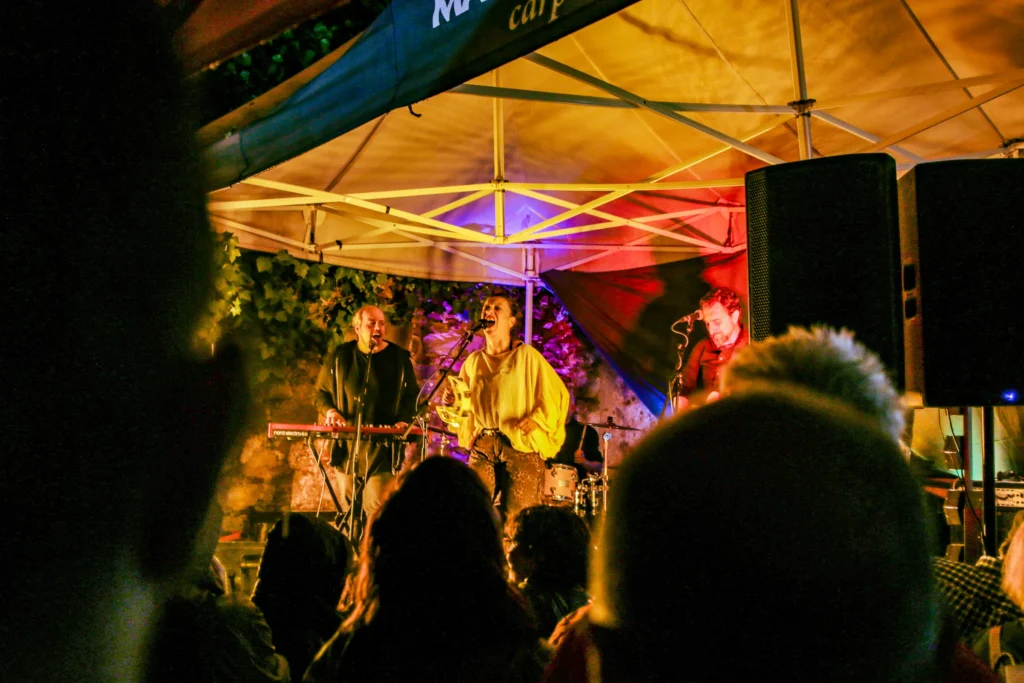 Concierto bajo la carpa iluminada de naranja, visto desde el público