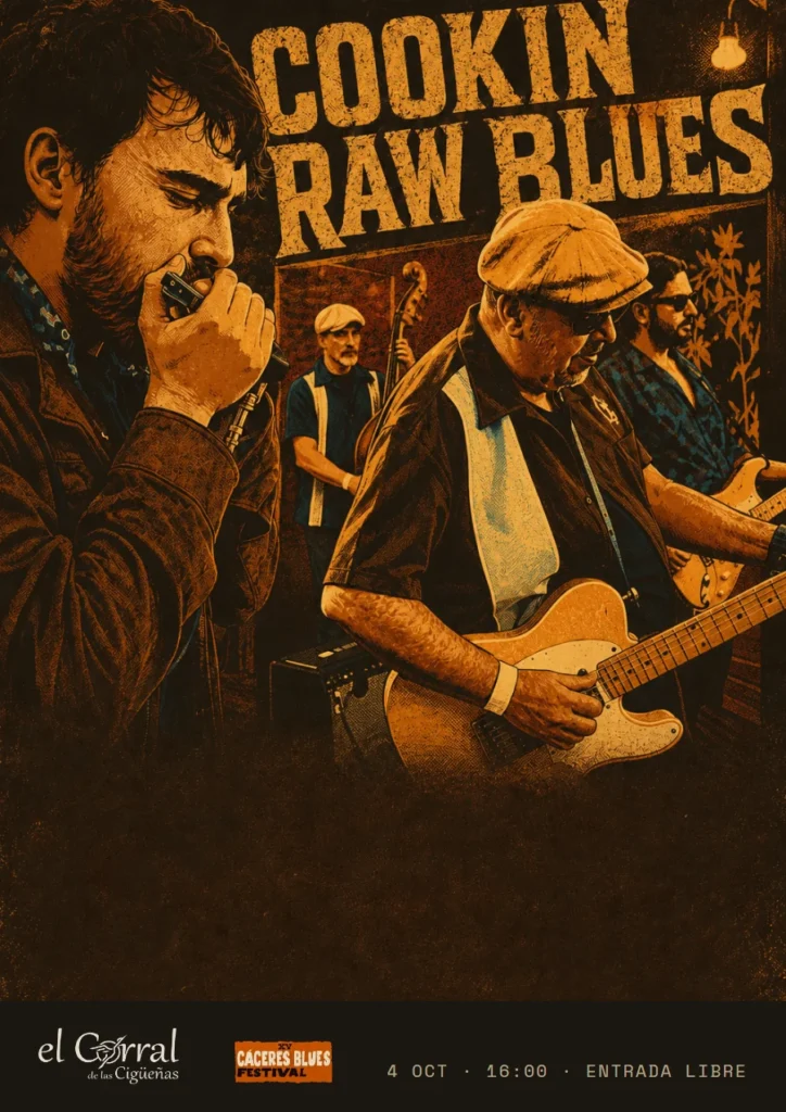 Cartel del concierto de Cookin' Raw Blues en El Corral de las Cigüeñas, domingo 4 de octubre a las 16:00
