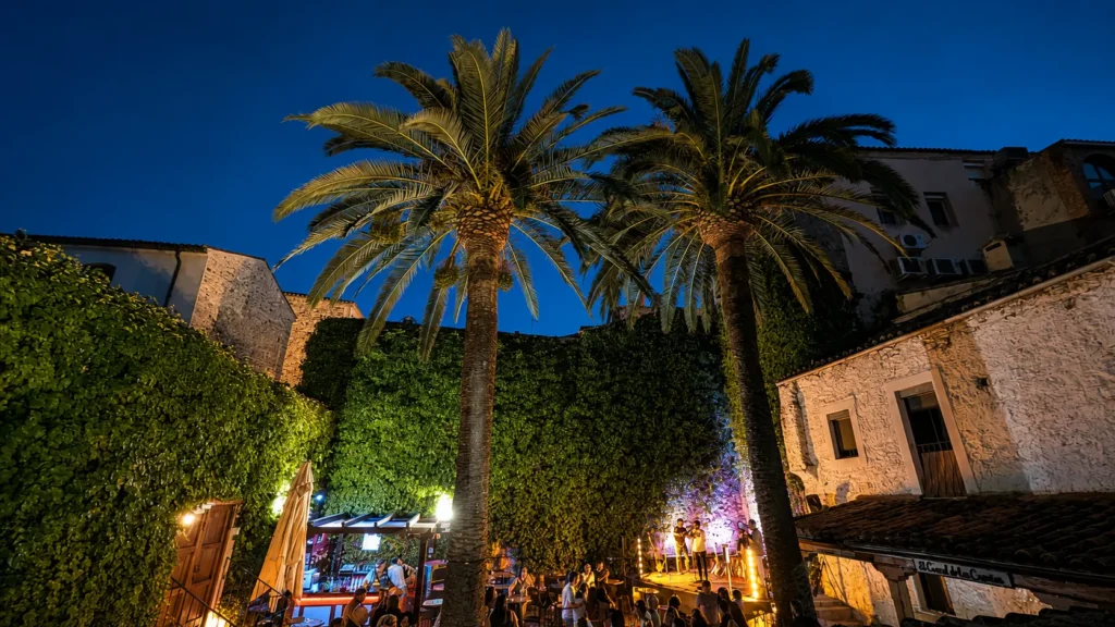 Las dos palmeras del patio iluminadas de noche, con el escenario y el público al fondo