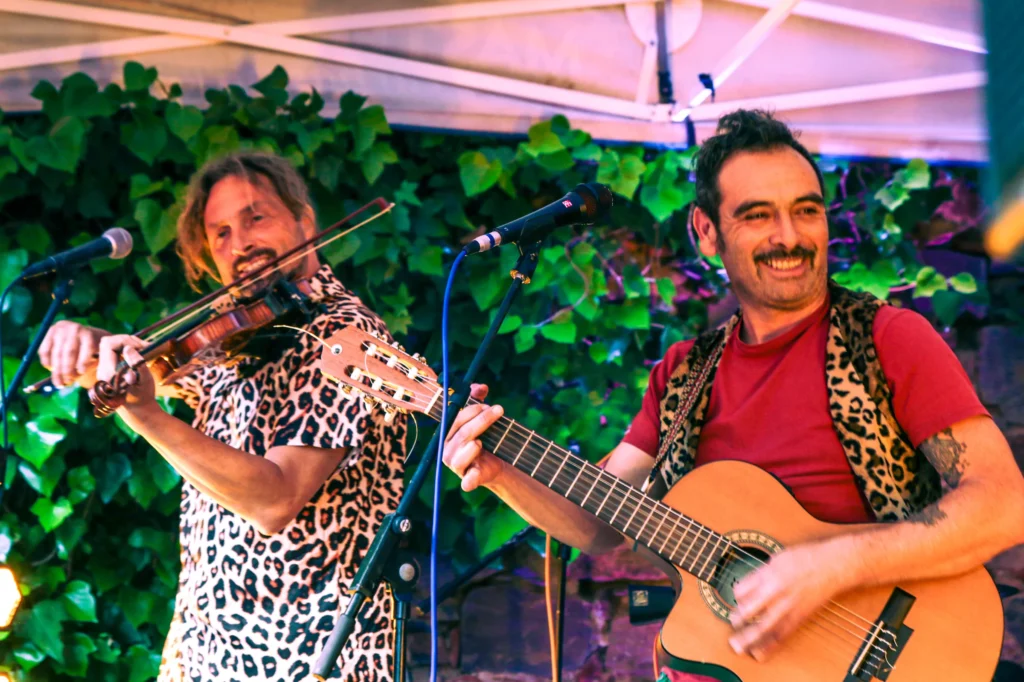 Violín y guitarra tocando juntos delante de la hiedra